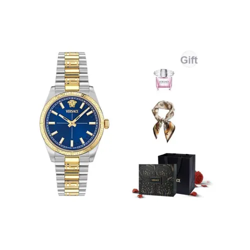 VERSACE Женские часы Кварцевый механизм Ремешок из нержавеющей стали 32 мм Синий циферблат