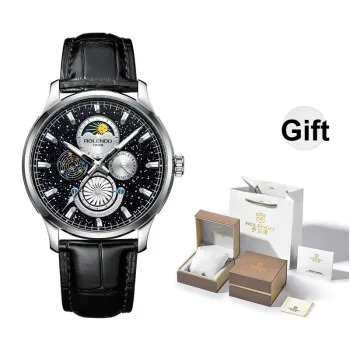ROLENDO R Automatic Mechanical Movement Cow Leather Strap Watch Men's Watches Black Dial