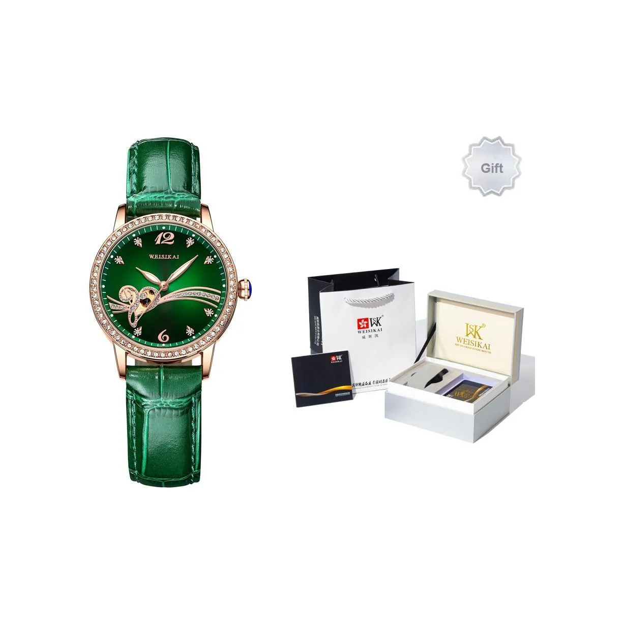 WSK Автоматический Механический Механизм Кожаный Ремешок Часы Женские Зеленый Циферблат