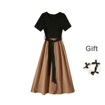 TURN UP Short Sleeved Dress Women's Black Coffee Long+Bowknot Hair Tie Comes With