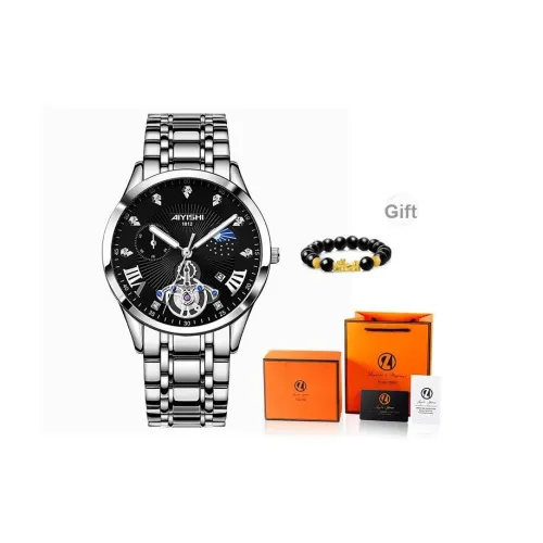 AIYISHI Кварцевый механизм ремешок из нержавеющей стали черный циферблат мужские часы