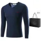 Men's V-Neck Top (Navy Blue) Fleece-Lined Thermal/Thickened Temperature Locking