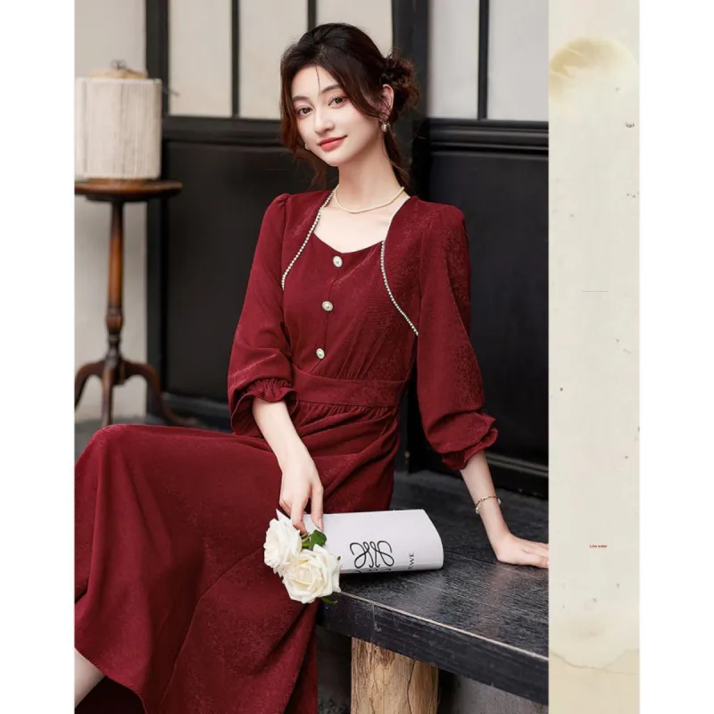 Like The Age Of Water Fall Long Sleeved Dress Cinched Waist Women's Red-1