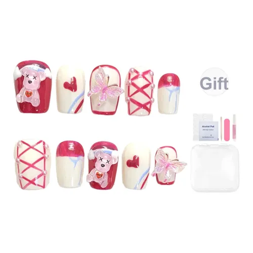 Yun Yue Joe Розово-белый Циркон Клетчатый Handcrafted False Nail Короткий LADDER Розовый Jump Цвет Coquette