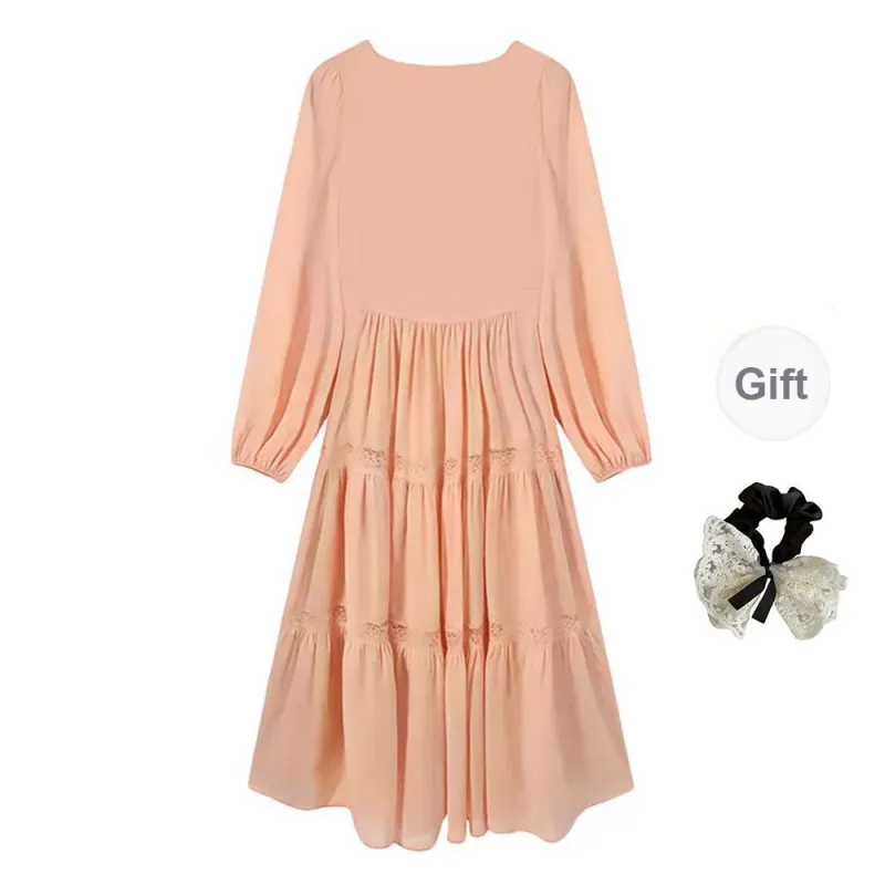 PAVEA Long Sleeved Dress Women's Nude Pink+Hair Tie Comes With-1