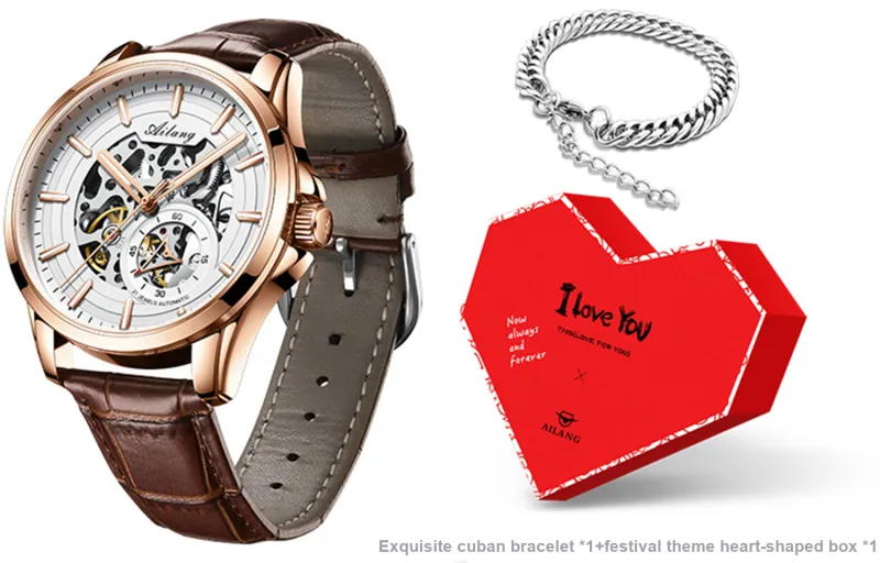 AILANG Automatic Mechanical Movement Genuine Leather Strap Watch Men's Watches White Dial-29