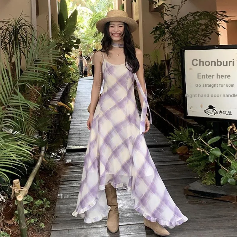 Manekniv Slip Dresses Women's Purple Plaid Dress With Ribbon-2