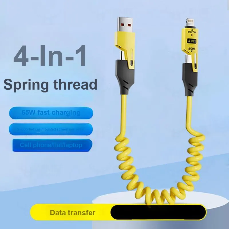 XUANJIE 1.5m All in One 4 in 1 Spring Retractable 65W Compatibility Apple Huawei Android Phones Cables-1