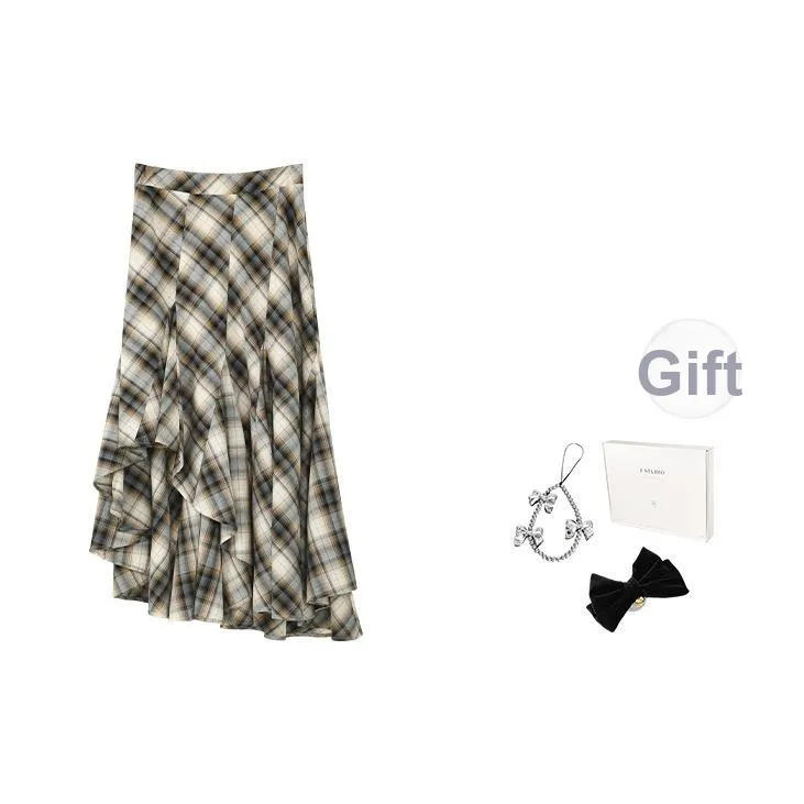 Fstudio Предосенний Корейский стиль Дизайн Нерегулярная Клетка Линия 100% хлопок Повседневный Длинный Юбка Женская