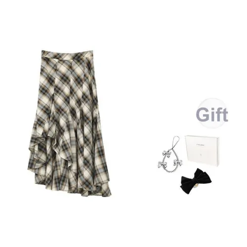 Fstudio Предосенний Корейский стиль Дизайн Нерегулярная Клетка Линия 100% хлопок Повседневный Длинный Юбка Женская