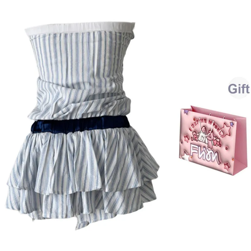 FLIM Sleeveless Dresses Women's Blue White Stripes Bear Box-1