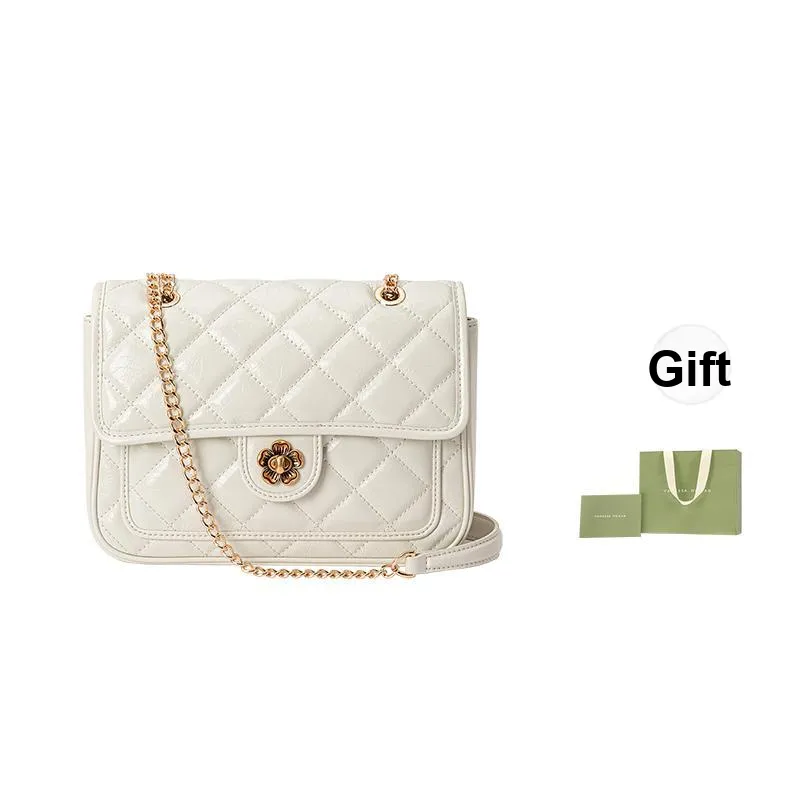 VANESSA HOGAN Lingge Series Cow Leather Chain Bag Oil Wax Bag Shoulder Bag Crossbody Bag Medium Size Women's Black/Ecru