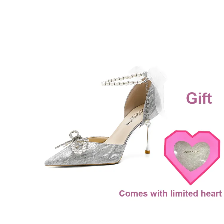 Crelinkxlat Pointed Toe Bowknot Crystal Shoes Slim Heel Box For High Heels Women's Silver-15