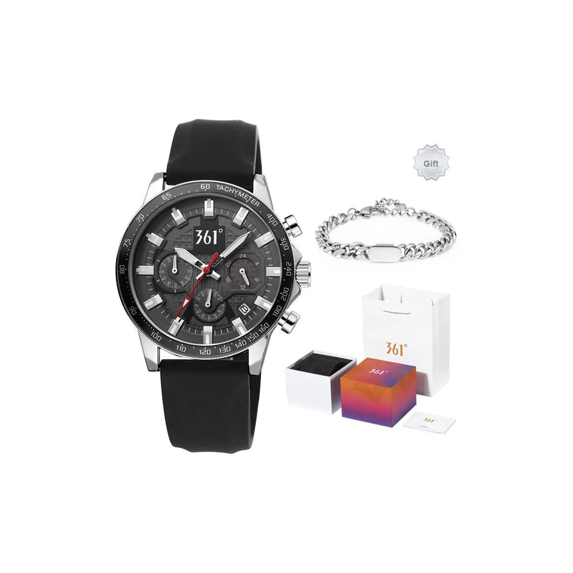 361° Race Collection Кварцевый механизм Силиконовый ремешок Часы Мужские Черный циферблат