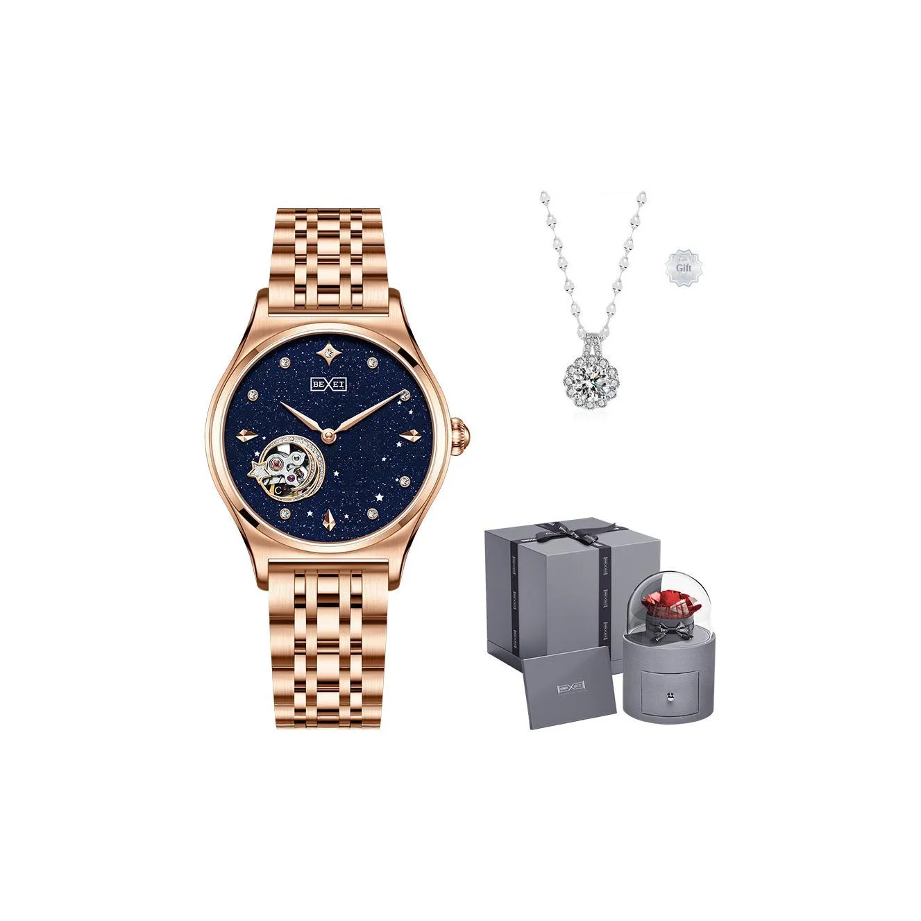 BEXEI Sparkling Star Moon Collection Механические часы из нержавеющей стали с ремешком женские синий циферблат