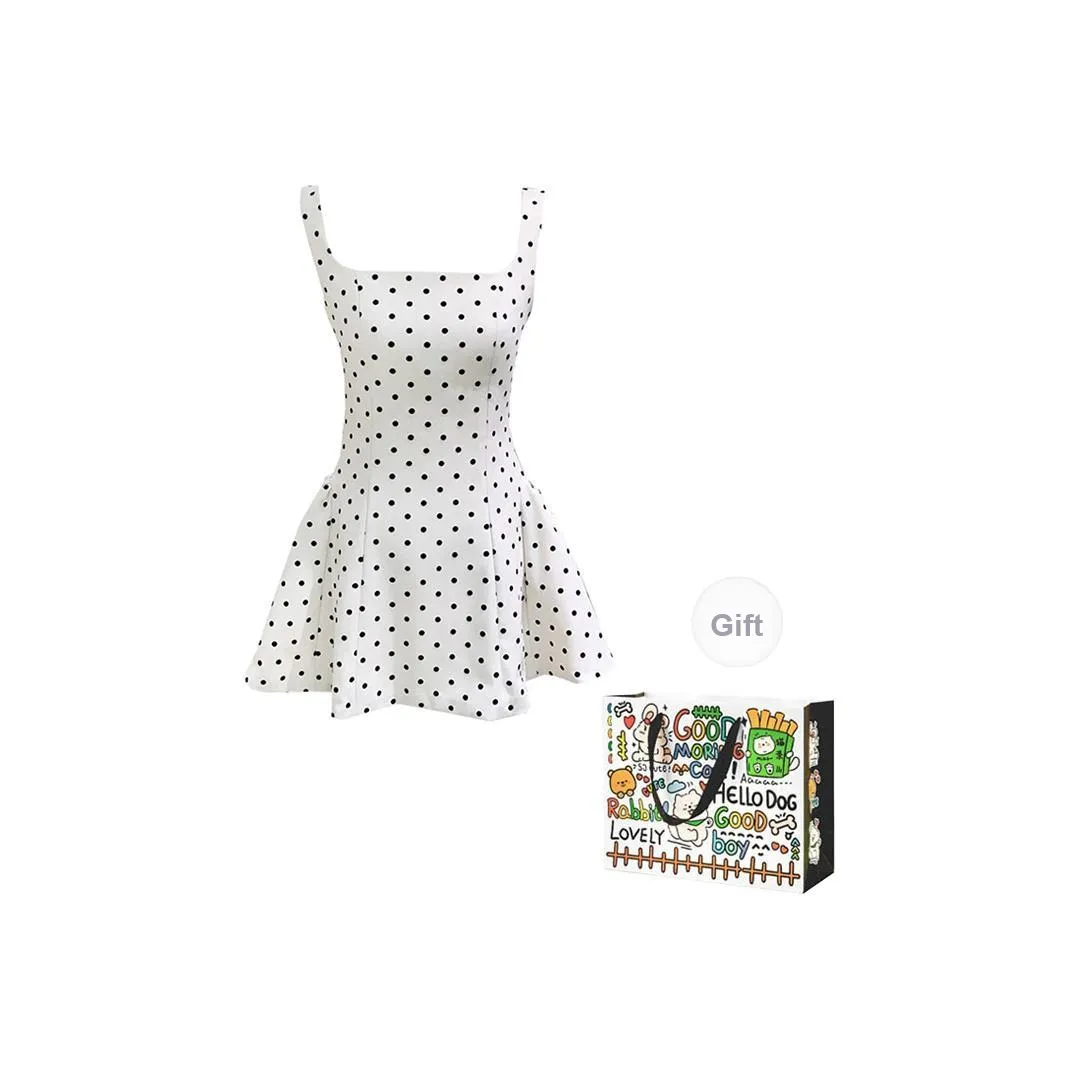 OURUOKE Без рукавов Платье Женское Белое в горошек