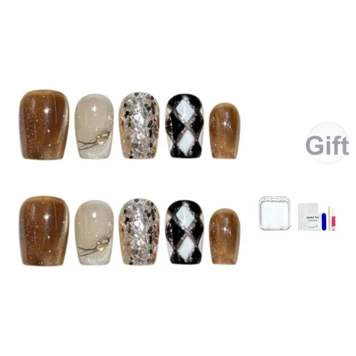 JINGCHANXUE Черный Sugar Тост Молоко Шахматный узор Handcrafted False Nail Короткий LADDER Роскошь Телесный Кошачий глаз 12mm