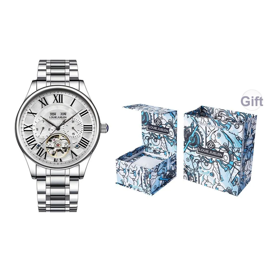 LOUIE JUELEN Механический механизм ремешок из нержавеющей стали мужские часы белый циферблат