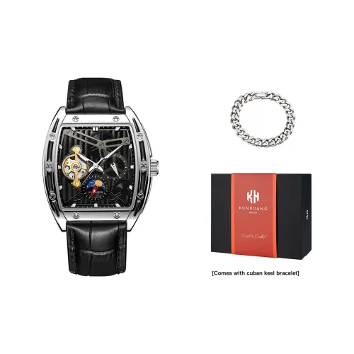 KUN HUANG Механическое механическое часы с натуральной кожей ремень мужские часы черный циферблат