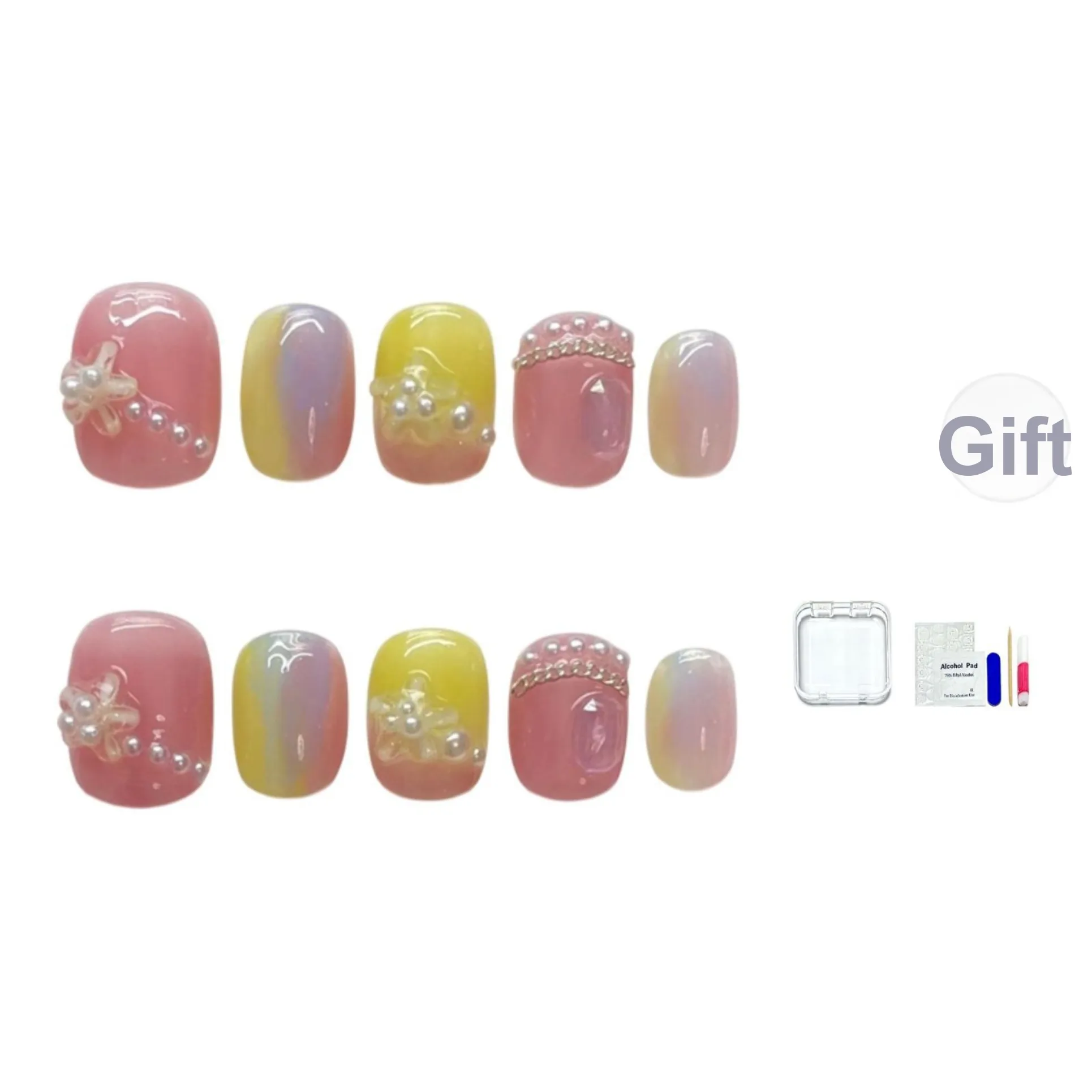 JINGCHANXUE Ручной работы 3D-эффект Цветочный дизайн Жемчужный Универсальный False Nail Короткий Квадратный And Круглый Розовый Градиентный Милый 12mm