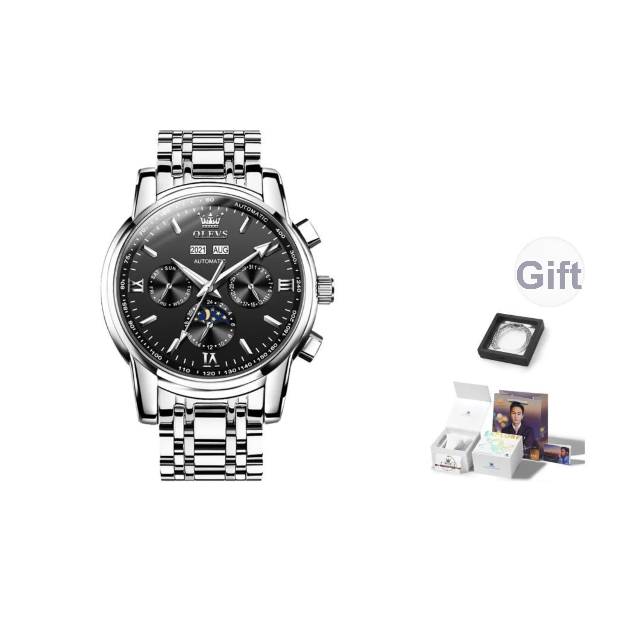 OLEVS Mechanical Movement Stainless Steel Watchband Watch Men's Watches Black Dial