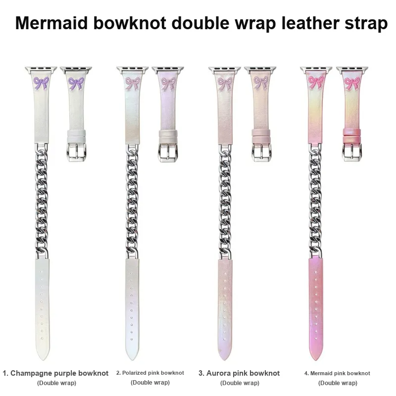 CHRROTA Mermaid Bowknot Double Loop Leather Strap Compatibility Apple Watch Apple Watch Iwatch 10/987654 Watch Strap-1