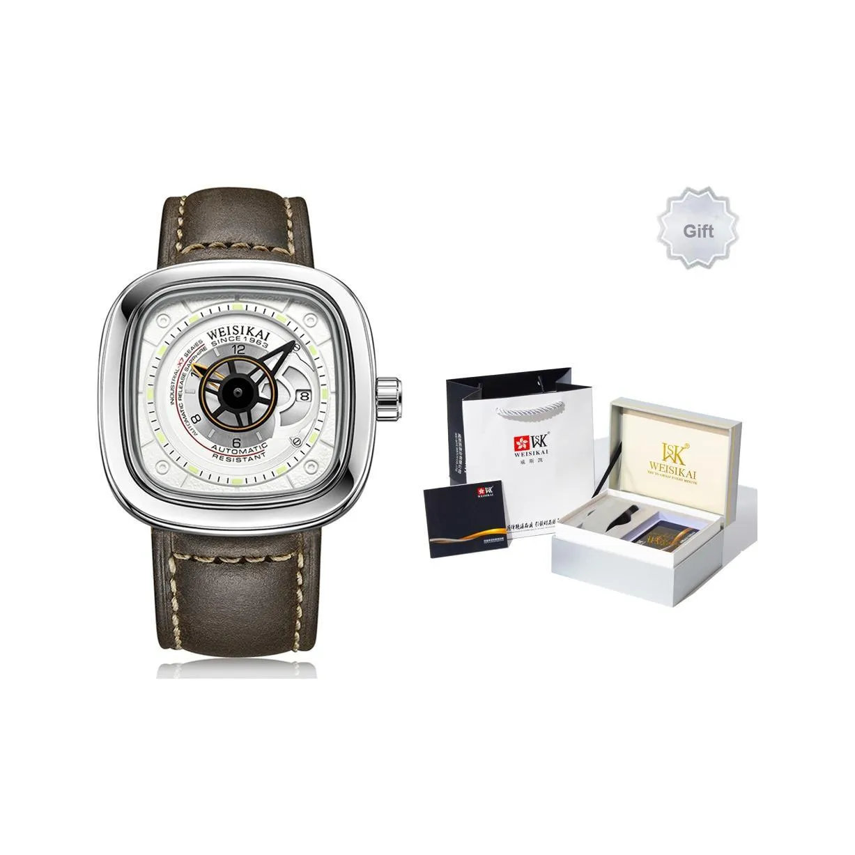 WSK Автоматический Механический Механизм TPU Ремешок Мужские Часы Белый Циферблат