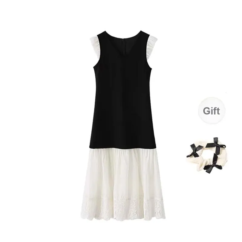 TURN UP Short Sleeved Dress Women's Black White+Bowknot Hair Tie Comes With-1
