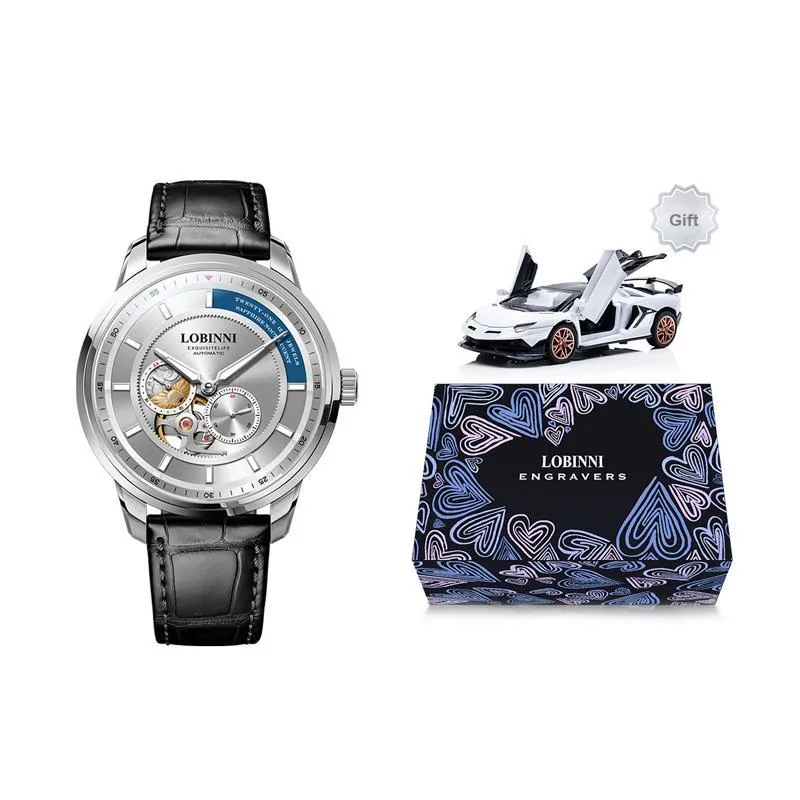 LOBINNI L Automatic Mechanical Movement Genuine Leather Strap Watch Men's Watches Black Dial-7