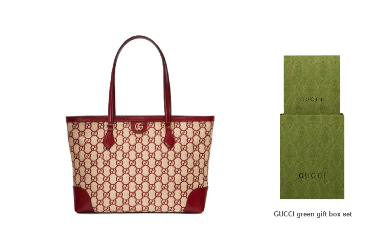 GUCCI Ophidia Denim With Leather Tote Bag Shopping Bag Handbag Shoulder Bag Medium Size Women's Burgundy/Beige Yellow-7