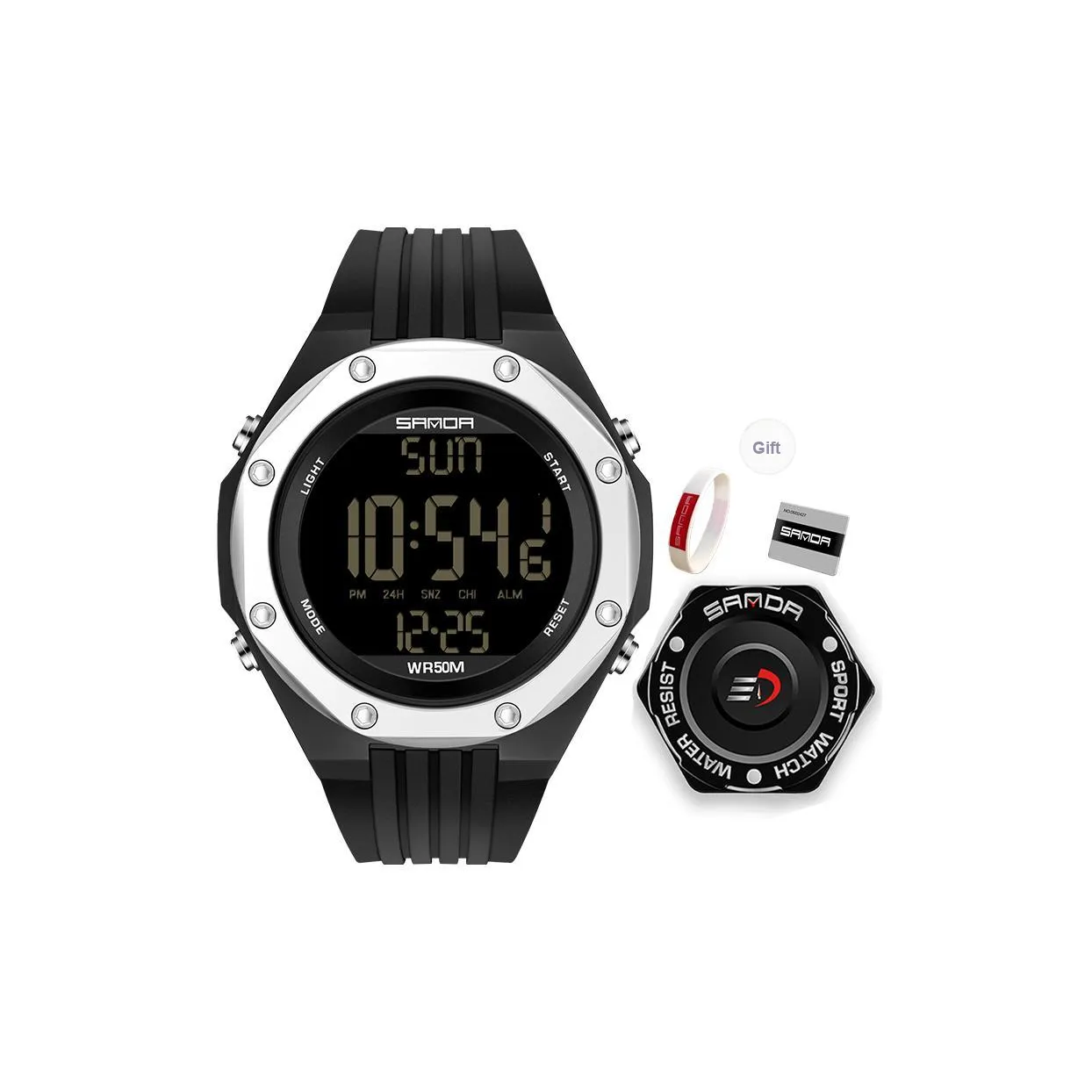 Sanda Electronic Механизм TPU Ремешок Часы Мужские Черный Циферблат