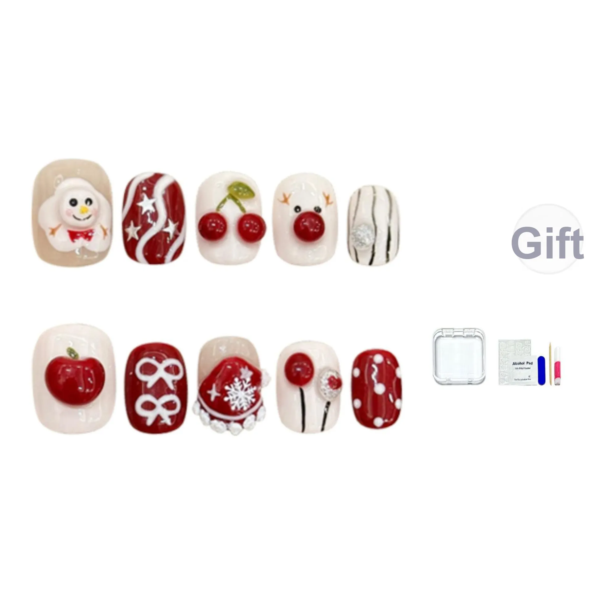 JINGCHANXUE [Squeeze Снеговик] Ручной рисунок Бант False Nail Короткий Круглый Милый Однотонный Мультяшный 12mm