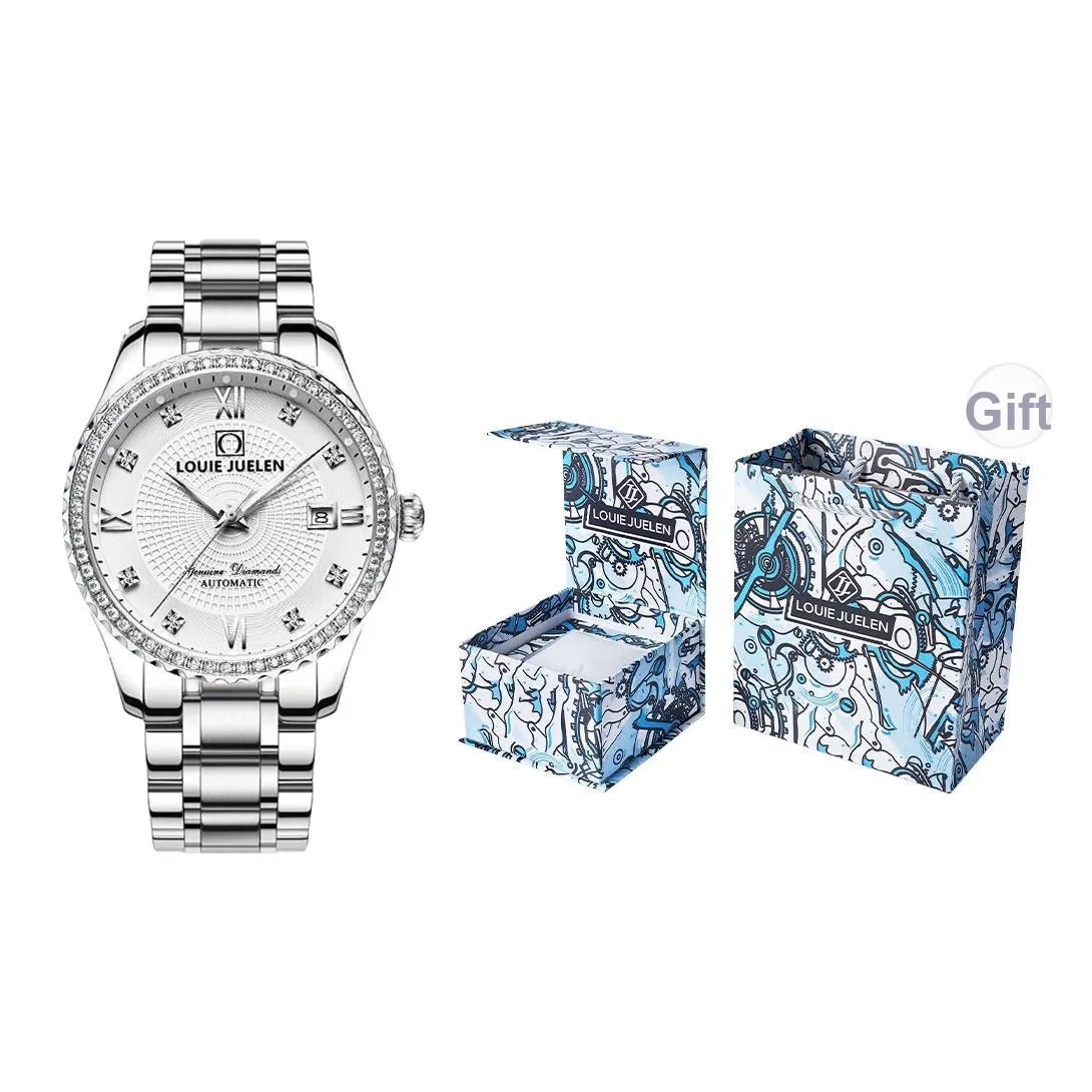 LOUIE JUELEN Механический механизм ремешок из нержавеющей стали унисекс белый циферблат