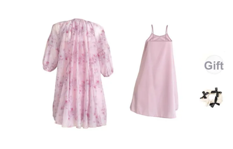 TURN UP Dress Women's Set Cherry Blossom Pink Two Piece Set+Bowknot Hair Tie Comes With-1