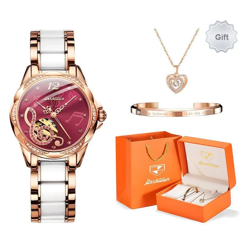 Jin Shi Dun Petal Design Box Mechanical Movement Watch Women's Watch Pink Watch Dial-5