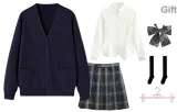 Navy Blue Cardigan+White Cinched Waist Long+Dark Night Killer Short Skirt, with Bow Ties+Calf Socks+Hanger