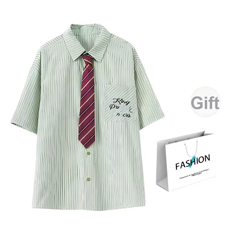 KKX Shirt Women's Green Stripes[Shirt+Tie]-4