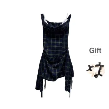 TURN UP Slip Dresses Women's Ink Green Plaid Pattern+Bowknot Hair Tie Comes With