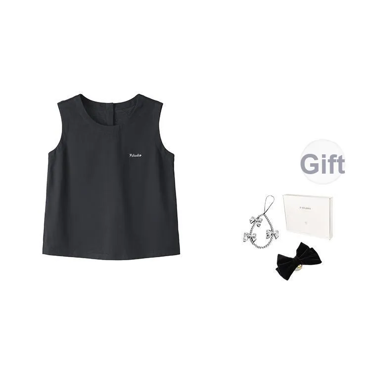 Fstudio Летний Корейский стиль Круглый вырез 100% хлопок Без рукавов Майка T Рубашка Женская