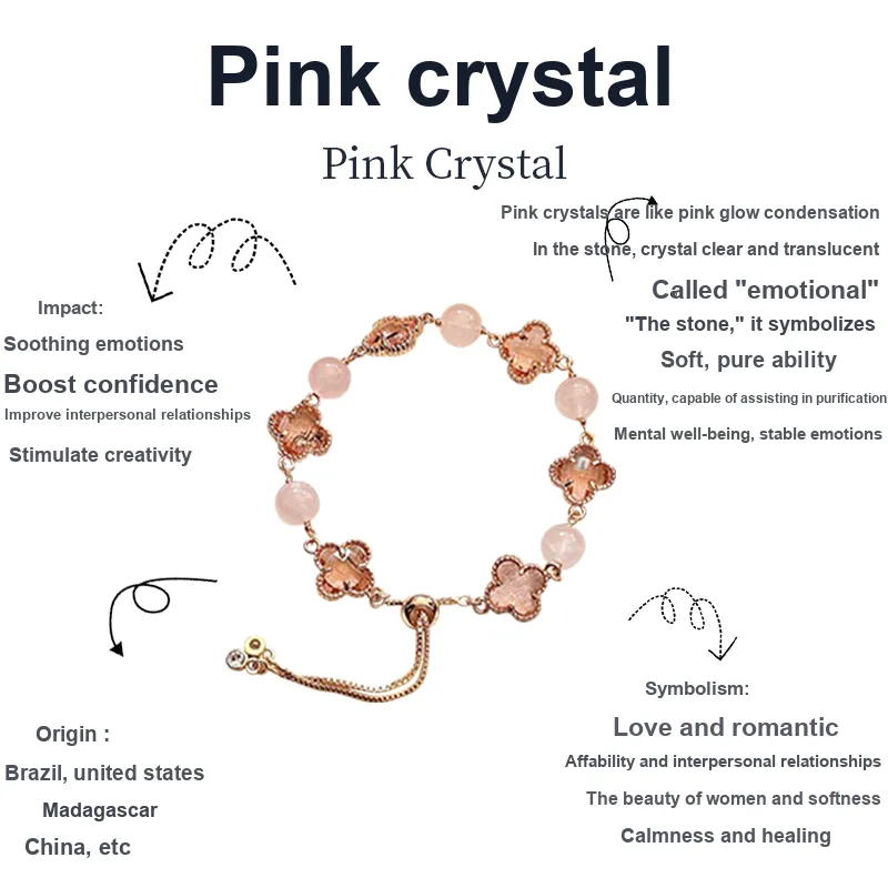 Welcome To The Treasure Lively Clear Gentle Design Trendy Four Leaf Clover Peachy Pink Crystal Bracelets Unisex-1