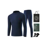 Mock Neck Windproof Fleece-Lined Clothing Sets (Navy Blue) with 2-Pack Socks+Shopping Bag Included