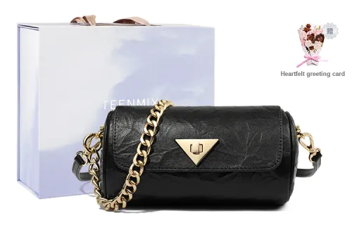 Teenmix Texture Cow Leather Shoulder Bag, Cylinder Bag, Crossbody Bag, Shoulder Bag Small Size Women's Black