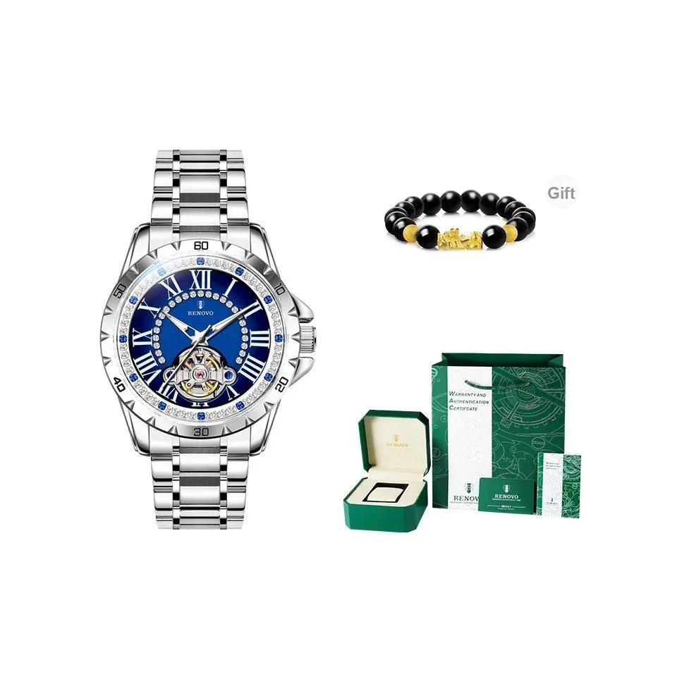 RENOVO Автоматический Механический Механизм Нержавеющая Сталь Ремешок Часы Мужские Часы Синий Циферблат