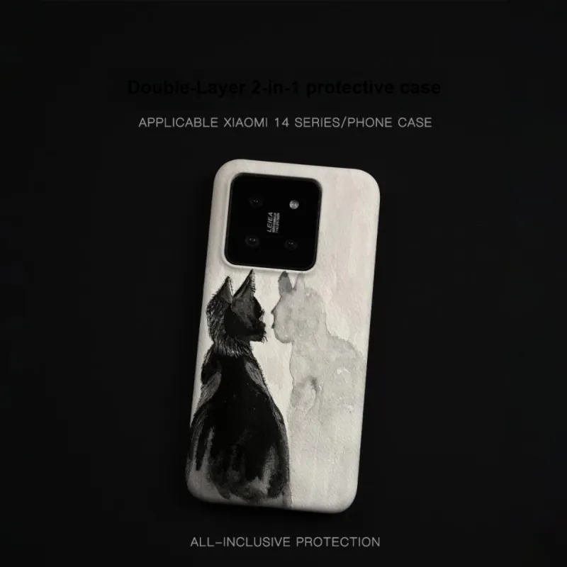 Keshami PC Material Fully Enclosed Impact Resistant Matte Watercolor Cat Phone Cases Suitable For Xiaomi 14/14pro-7