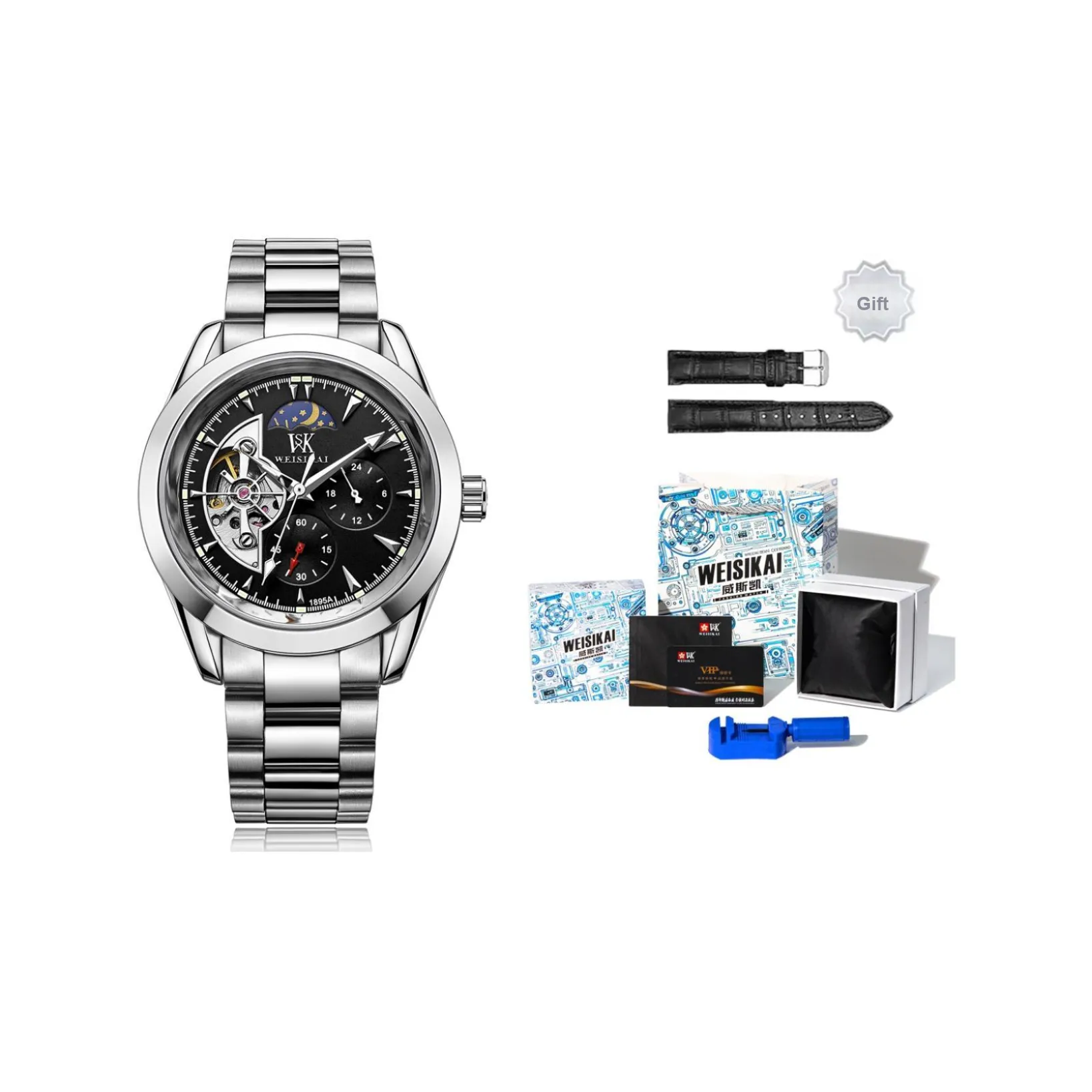 WSK Автоматический Механический Механизм Нержавеющая Сталь Ремешок Мужские Часы Белый Циферблат