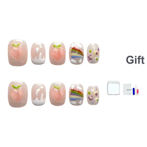 JINGCHANXUE Ручной Sunshine Радужный Маленький Персик False Nail Короткий Квадрат And Круглый Нежно-розовый Телесный Гороховый узор