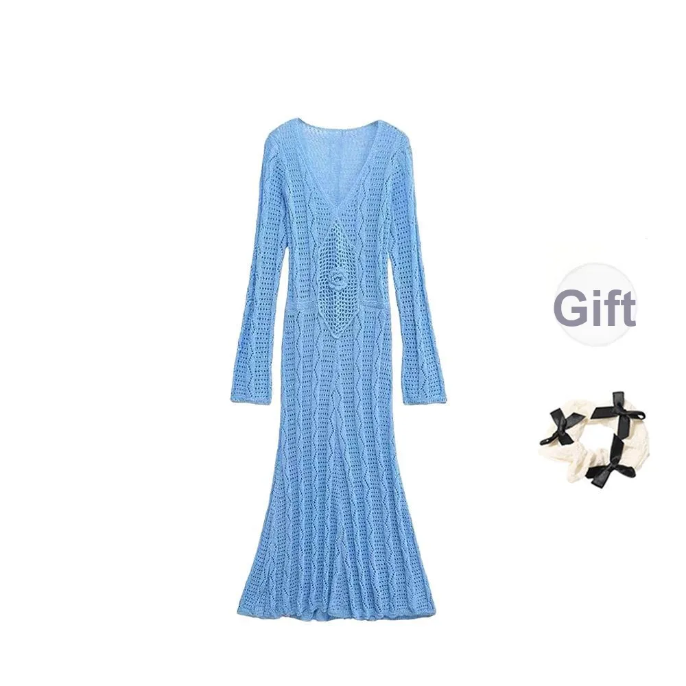 TORIGHT Long Sleeved Dress Women's Blue/Bowknot Hair Tie Comes With