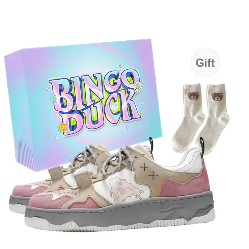 BINGO DUCK Low Top Skateboard Shoes Women's Gray Pink-0