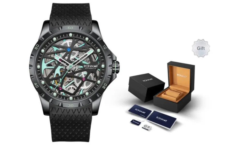 RONMAR Vanishing Sky Collection Automatic Mechanical Movement Rubber Strap Watch Men's Watches Cut Out Dial-4