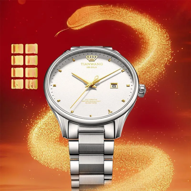 TIANWANG Golden Label Brings Blessings. Mechanical Movement Stainless Steel Strap Watch Men's Watches White Dial-3